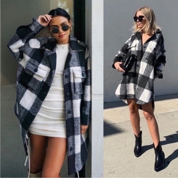 Anine Bing Maeve Buffalo Check Wool Shacket Black and White - Picture 2 of 12